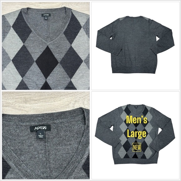 Apt. 9 Large 42 - 44 V-Neck Sweater Argyle Wool Blend Gray Charcoal Diamond NWOT - Picture 1 of 8
